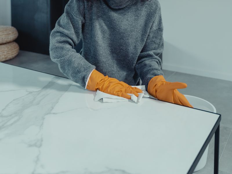 A carer wipes a table with gloves while cleaning in a home.